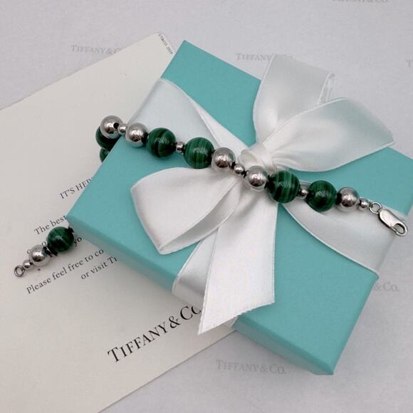 Tiffany & Co. Sterling Silver Malachite Beaded Bracelet Sterling Silver Vintage - Picture 5 of 10